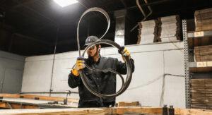 man in black hat and yellow gloves holding saw blades in a workshop