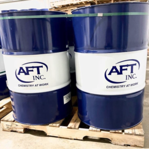 two blue AFT Inc., barrels on a wooden pallet
